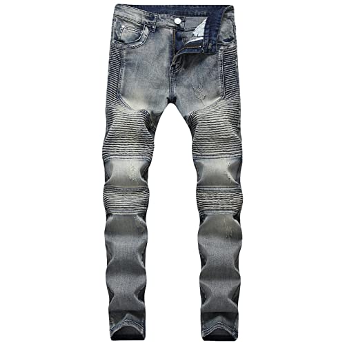 Maiyifu-GJ Men's Destroyed Ripped Stretch Jeans Distressed Multi Pockets Biker Denim Pants Slim Zipper Moto Jean Trousers (Blue 6,29)