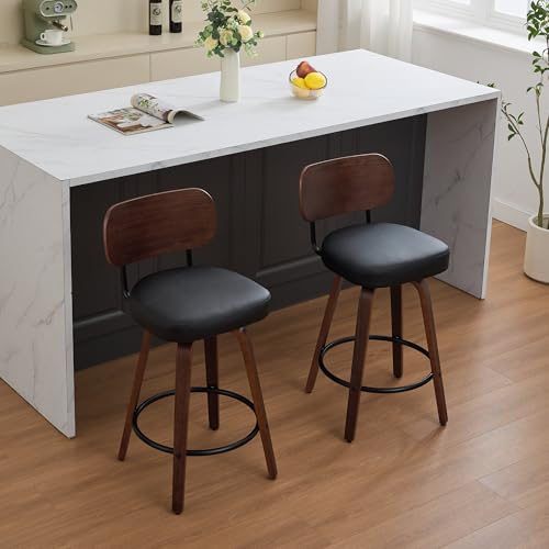 Image of YaFiti Swivel Bar Stools Set of 4, 26 inch Upholstered Faux Leather Counter Height Barstools with Walnut Back & Bentwood Legs, Mid Century Modern Bar Chairs Island Stools for Kitchen Counter, Black PU