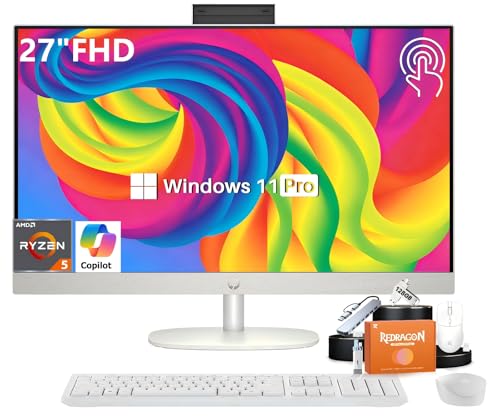 Image of HP 27 inch All-in-One FHD Touchscreen Desktop Computer, AMD Ryzen 5 7520U Processor, 16 GB LPDDR5 RAM, 2 TB SSD, AMD Radeon Graphics, Wi-Fi 6, Bluetooth 5.3, Windows 11 Pro, Wireless Keyboard and Mouse