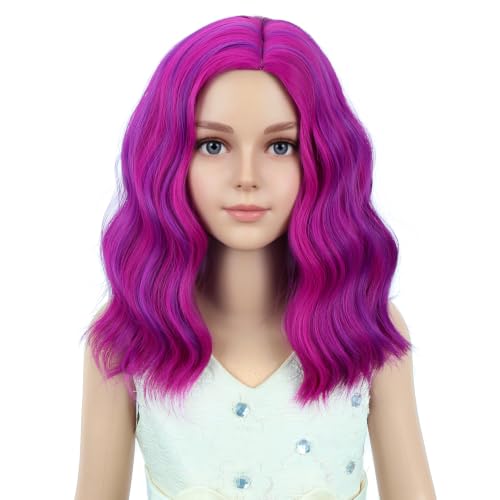 Image of PATTNIUM Girls Rose and Purple Short Side Part Curly Wavy Wig | Kids Rose Purple Short Wig for Halloween Costume Cosplay Party Wig