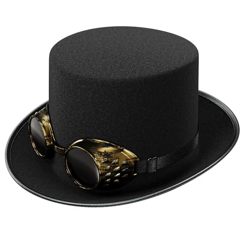 WELLGRO Chapeau Steampunk avec lunettes de soudeur - Chapeau cylindrique unisexe pour homme et femme - Accessoire de costume pour magicien, pirate, festival et Halloween - Noir