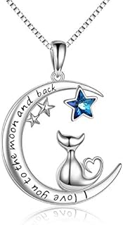 VONALA 925 Sterling Silver Cat Necklace with Moon Pendant Jewellery Birthday Gifts for Mother Daughter