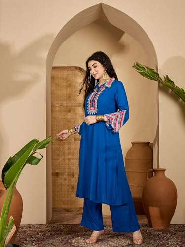 Image of Stylum Women's Solid & Embroidered Rayon A-Line Kurta Pant Set