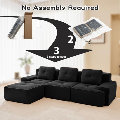 Image of 117 inch L-Shaped 3-Seater Modular Boneless Couch with Ottoman, Soft Corduroy Cloud sectional Sofa, Deep Seat Ergonomic Design, No Assembly Anti-Slip Sofa for Living Room, Black