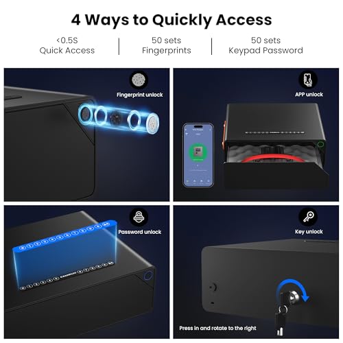 Smart Gun Safe - Biometric Gun Safe for 2-4 Pistols Quick Access Handgun Safe with Fingerprint/Keypad/Key/App Control, Pistol Safe for Nightstand Bedside Home Office(Black) - Image 3