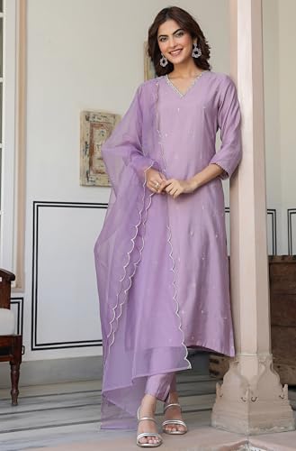 Image of Janasya Women's Lavender Chinon Embellished Kurta with Pant and Dupatta Set