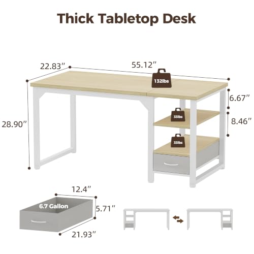 Image of Mericonia 54 in Computer Desk with Drawer, 1 inch Thick Reversible Office Desk | Large Modern Writing Table with Storage Shelves, Heavy Duty Industrial Executive Desk for Home Bedroom Study Work