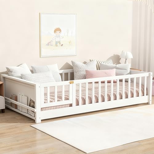 Image of Bellemave Twin Size Kids Montessori Floor Bed with Door,Twin Floor Bed Frame with Slats and Bookcase,Solid Wood Montessori Bed for Girls Boys,White