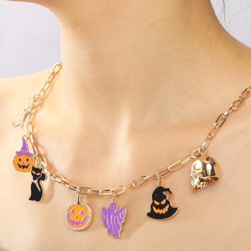 NEKOL Halloween Necklace for Women, Nightmare before Christmas Horror Party Charm Choker Necklace, Pumpkin Ghost Bats Cat Spider Skull Coffin Eyeball Necklace, Halloween Costume Party Jewelry Gifts2