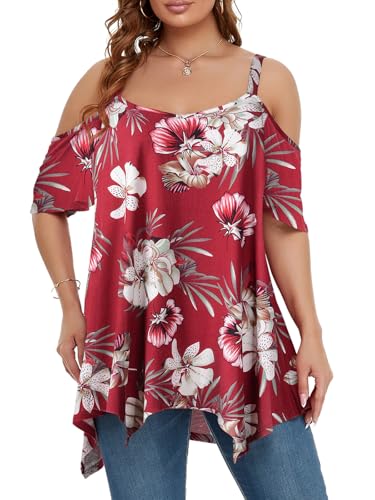 Image of LARACE Cold Shoulder Tops for Womens Summer Clothes Spaghetti Strape Tunic Oversized Shirts Asymmetrical Plus Size Blouse