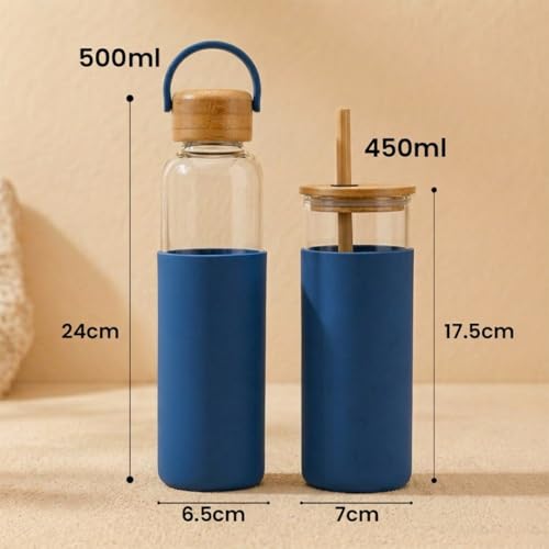 Image of Giftana Personalized Borosilicate Glass Water Bottle 500ml with Glass Sipper Tumbler 450ml, Reusable Leakproof Drinking Bottle with Silicone Sleeve, Eco-Friendly Bottle for Office Gym Travel (Blue)