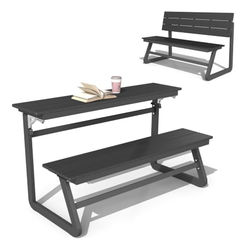 Domi Outdoor HDPE Convertible Bench & Picnic Table, 2-in-1 Patio Bench,Gray