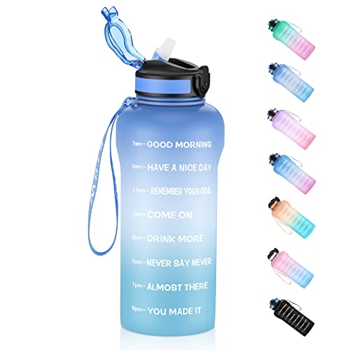ETDW Trinkflaschen mit Strohhalm 2 Liter [BPA-frei Tritan] Wasserflasche mit Zeitmarkierungen 2L Sportwasserflaschen 2000ml Auslaufsicher für Fitnessstudio Camping Yoga BLAU BLAU
