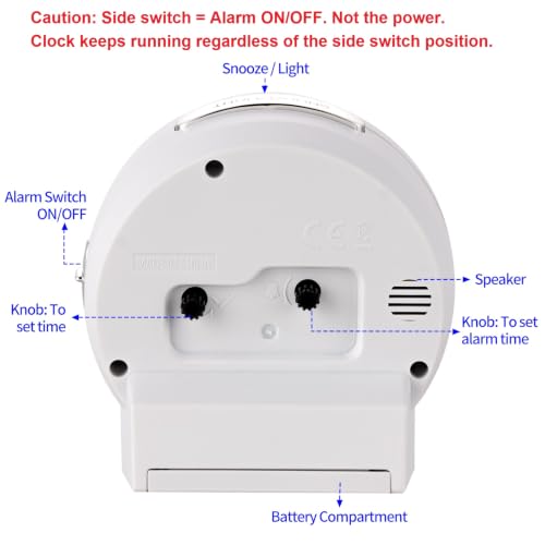 Image of Tinload 4.3 inch No Ticking Analog Alarm Clock,Silent Readable for Seniors,Easy to Set,Gradual Rise Alarm,Big Numbers,On /Off Switch on Side,Gentle Wake,Snooze,Lighted on Demand,Battery Operated,White