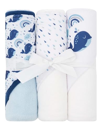 Image of LITTLE CELEBRITY Hooded Baby Towels 3-Pack – Soft Baby Bath Towels with Hood for Newborns & Toddlers, Baby Hooded Towel Set, 30" x 26" (Whales)