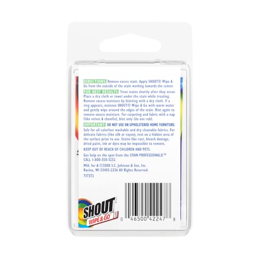 Image of Shout Wipes, Wipe and Go Instant Stain Remover, Laundry Stain and Spot Remover for On-the-Go, 4 Wipes (Pack of 1)