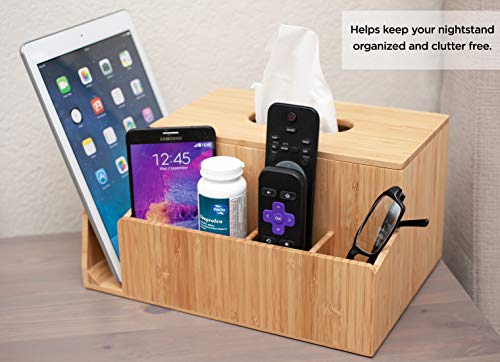 Mobilevision Bamboo Tissue Box Holder & Tablet Stand Organizer For Bedroom & Desktop; Compartments Hold Ipad Phones Remote Controls Reading Glasses Notepads & Pens #TOP6