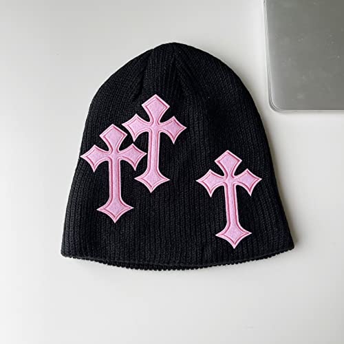 Y2K Dark Cross Wool Hat Cross Pattern Fashion Loose Pile, Slim Knit, Cold Hat Autumn And Winter (Black,One Size) #TOP3