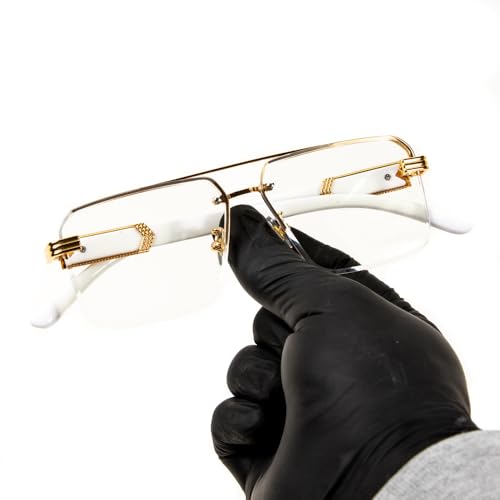 Image of Men Women Designer Rimless Gold Frame Gray Marble Arm 90s Old School Rectangle Frameless Retro Trendy Cool Hip Hop Fashion Square Eye Glasses Clear Tint Glasses