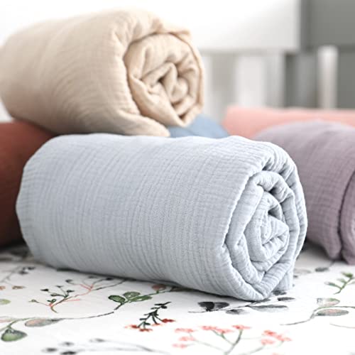 Image of GRSSDER Soft Muslin Crib Sheet 1 Pack, 100% Cotton Crib Sheets with Deep Pocket for Boys and Girls, Fit Standard Crib Mattresses 52 inch x 28 inch Safe and Snug, Misty Blue