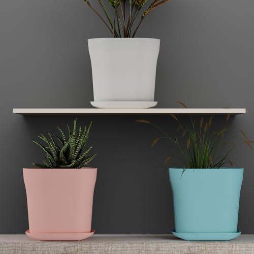 Image of StyleX Store Pack of 3 Square Plastic Flower Pot with Tray | Modern Indoor Outdoor Planter for Home Balcony Garden Office | Durable Lightweight Planter Pot | 6 Inch, Multi