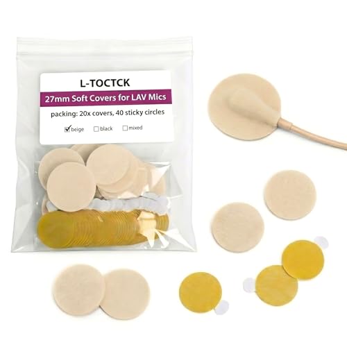 27mm Microphone Sound Shield 20pcs Lavalier Mic Covers with 40 Adhesive Stickers Wind Noise Reduction Mic Tape for Film Interview Video Recording (beige)