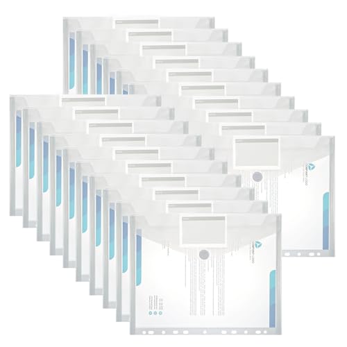 ASelected 20 Stück Dokumententasche A4 Transparent Druckknopf A4 Dokumentenmappe Sammelmappen für Dokumente Organisieren mit Lochrand Klettverschluss und etikettentasche