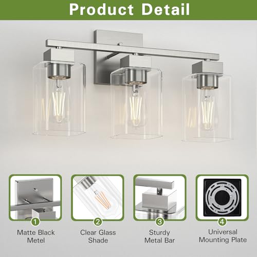 Image of Brush Nickel Bathroom Vanity Light - 3 Light Bathroom Light Fixture Square Design & UL Certification & Square Bath Room Lights Fixture Over Mirror