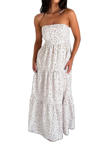 Image of Women Floral Print Maxi Tube Dress Strapless Flowy Long Bandeau Dress Y2K Open Back Sundress Summer Beachwear