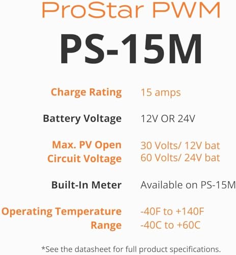 Image of Morningstar Prostar 15A PWM Solar Charge Controller w / Built-In Meter (PS-15M) - Intelligent Solar Panel Regulator, Supports 12V /24V LA /Lithium Batteries, LVD /Lighting Control, HazLoc Rated, Low Noise