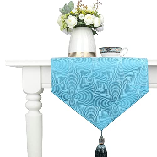 Chemin de table de Noël bleu 35x200 cm en coton avec pompons WXKAGF