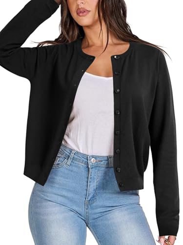 Image of LYANER Women's Striped Cardigan Crew Neck Button Down Open Front Long Sleeve Knit Cardigans Sweater
