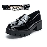 youngshow Platform Loafers for Women Round Toe Women's Loafers Chunky Heel Leather Penny Loafers wit