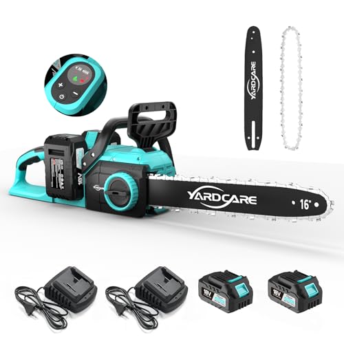 YARDCARE Motosierra a batería de 16 pulgadas, motor brushless de 1600 W, velocidad de cadena 21 m/s, con pantalla LED y 2 baterías de 4 Ah, tensado sin herramientas y lubricación automática