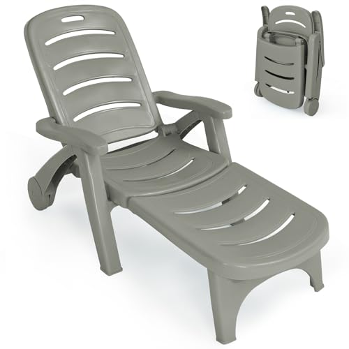 Tumbona plegable con ruedas, 5 posiciones, ajustable, para exteriores, jardín, playa, patio, piscina, asiento reclinable