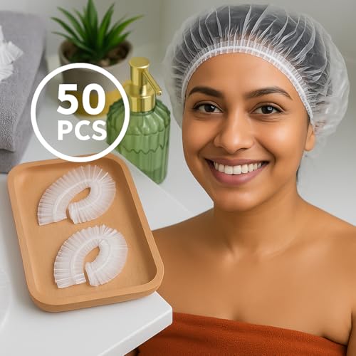 Image of adbeni Premium Disposable Transparent Gloves 100 Pcs & Head Shower Caps 50 Pcs | Waterproof, Latex-Free, Hygienic for Hair Coloring, Kitchen, Cleaning, Food Handling, Bath & Salon, Multipurpose Use