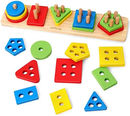 Coogam Wooden Sorting Stacking Montessori Toys, Shape Color Recognition Blocks Matching Puzzle Stacker Geometric Board Early Educational Puzzles for Years Old Boys and Girls
