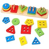 Coogam Wooden Sorting Stacking Montessori Toys, Shape Color Recognition Blocks Matching Puzzle Stack