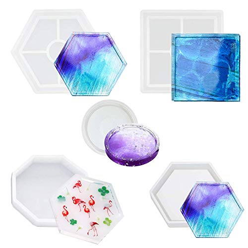 6 Piezas DIY Posavasos Silicona Molde, Incluye Redondo Cuadrado Octágono Hexagonal Silicona...
