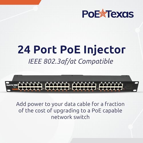Image of PoE Texas 24 Port PoE Injector - Multi-Port PoE Gigabit Rack Mount Midspan for IP Cameras, Phones, WiFi AP, Add Power Over Ethernet to Non-PoE Switch or Network Router, Includes 56v 240w Power Supply