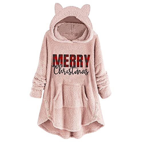 Moletom feminino de lã com capuz e orelhas leopardo xadrez árvore de Natal pulôver Sweter com bolsos