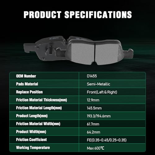 Image of AUTOMUTO D1455 & D1498 Brake Pads Kits, Front Rear 8pcs Disc Brake Pads Set For 2011-2018 For Dodge Durango, 2011-2019 For Jeep Grand Cherokee