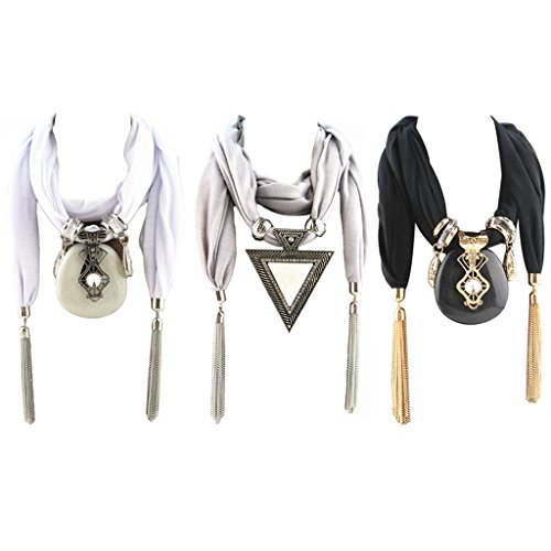 Redriver Women Fashion Bohemian Ethnic Jewelry Tassel Water Drop Pendant Scarf Necklace (Grey)4