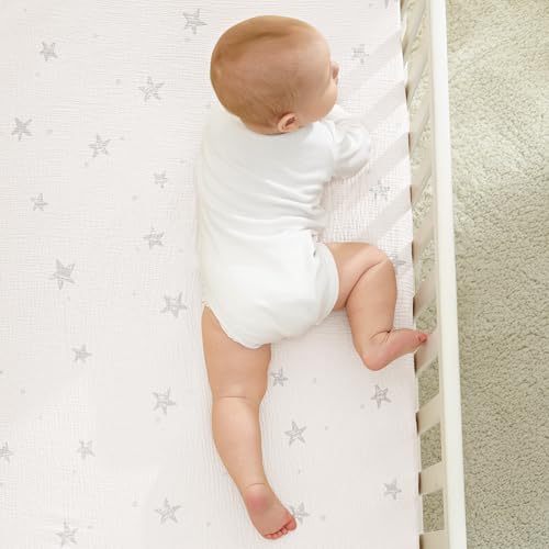 Image of Bearmoss Muslin Mini Crib Sheets for Pack N Play Mattress - 100% Cotton - 38 inchx26 inch Soft Breathable Playard Baby Crib Sheets Neutral for Boys Girls - 2 Pack (White Star)