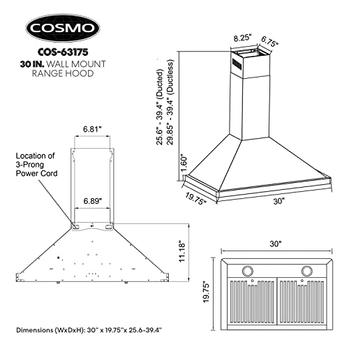 COSMO COS-63175 30 in. Vista Collection 380 CFM Ducted Wall Mount Range Hood, Button Controls, LED Lights, Stainless Steel by COSMO - Image 3