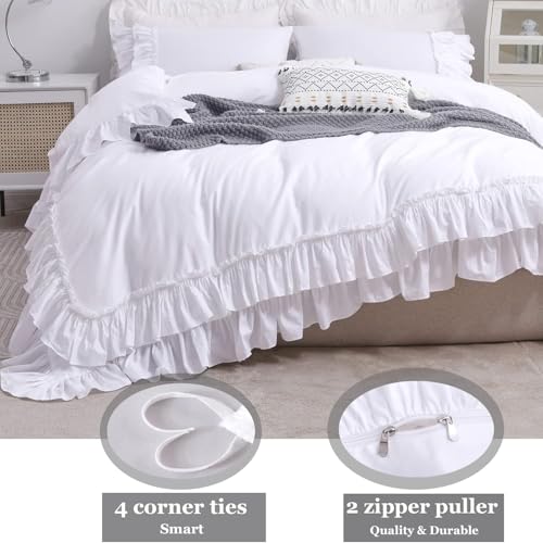 Image of QSH Ruffle White Duvet Cover California King Size- Washed Cotton Shabby Farmhouse Chic Ruffled Bedding 3pcs(1 Soft Cotton Duvet Cover +2 Ruffle Pillowshams) Aesthetic French Country Calking Bed
