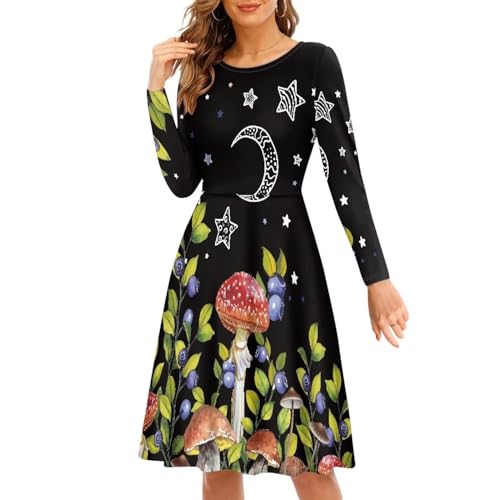 Viewamoon Midi Dresses for Women Fall Long Sleeve Puffy Dress Size S-4XL, Mushroom Moon, S