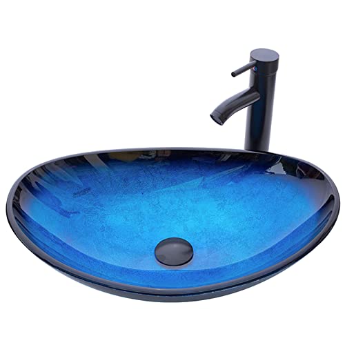 Yimai Ingenuity Vessel Sink 20.8"X13.7" Bathroom Sinks Tempered Glass Art Basin Oval Bowl With Faucet Combo, Ocean Blue #TOP19