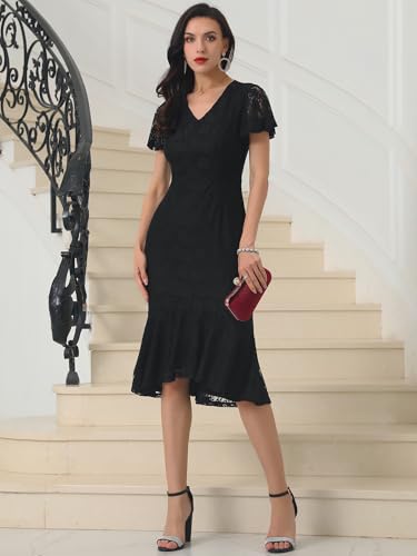 Womens' Lace Floral Dresses Fishtail Formal Cocktail Short Sleeve Midi Dress3