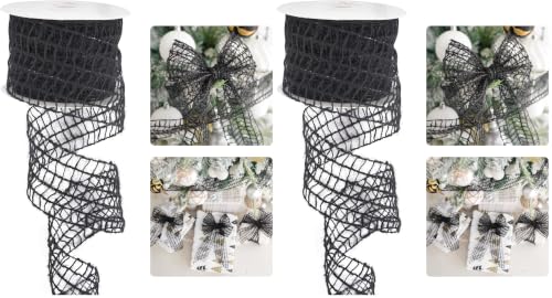 HUIHUANG Black Burlap Wired Ribbon 2.5 inch Jute Mesh Netting Wire Ribbon for Halloween Decor, Wreaths, Gift Wrapping, Garlands, Christmas Trees, Home Decor- Continuous 10 Yards (Pack of 2)